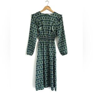 Chinti & Parker Midi dress long sleeve green blue geometric star print silk